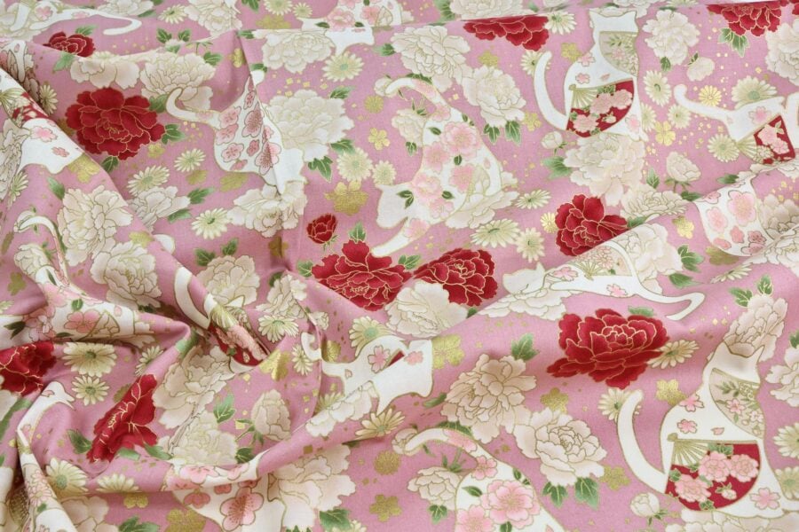 Japanese fabric cats peonies and fans pink background