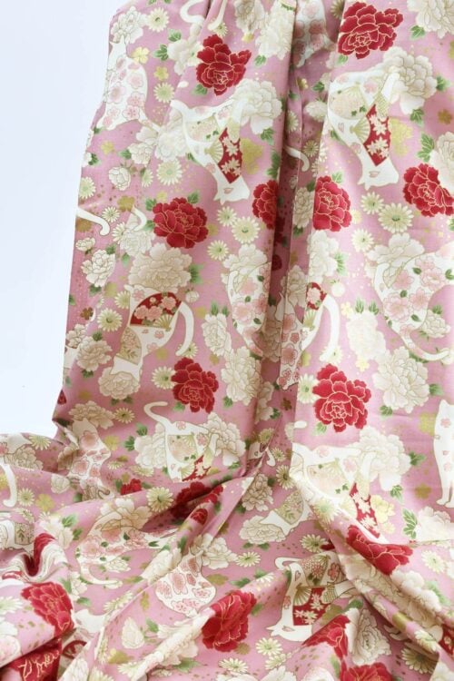 Japanese fabric cats peonies and fans pink background