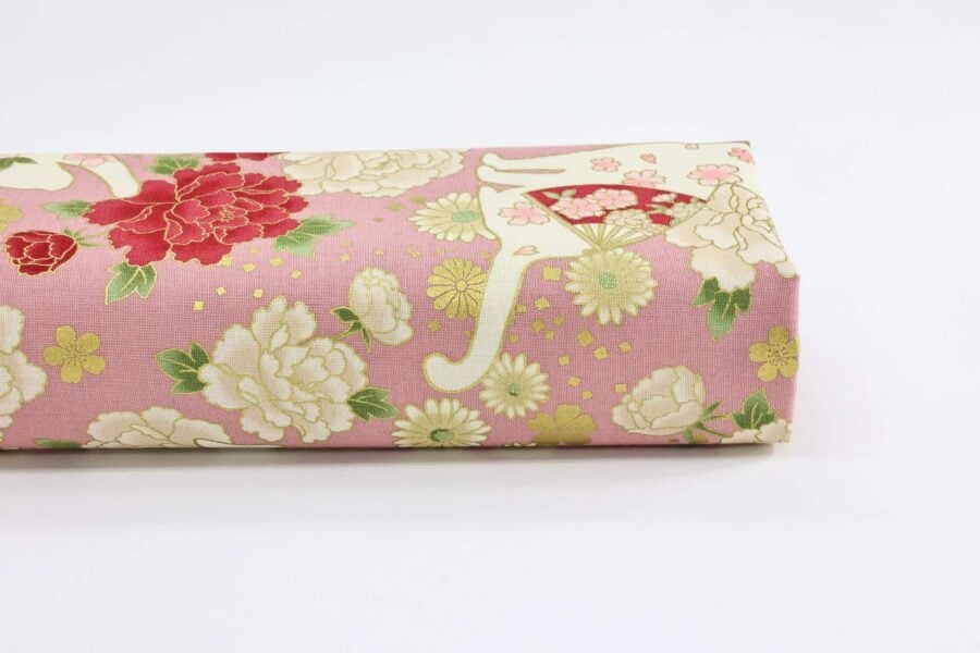 Japanese fabric cats peonies and fans pink background