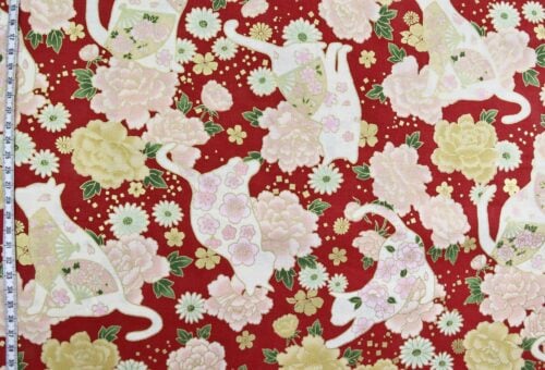Japanese fabric cats peonies and fans red background