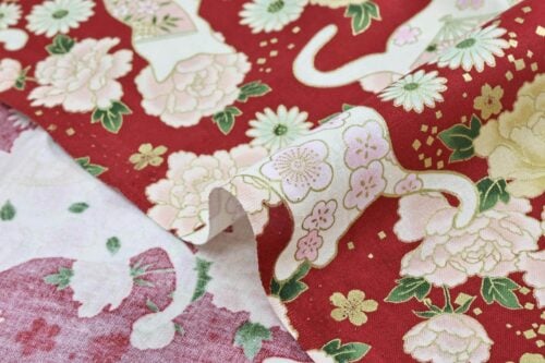 Japanese fabric cats peonies and fans red background