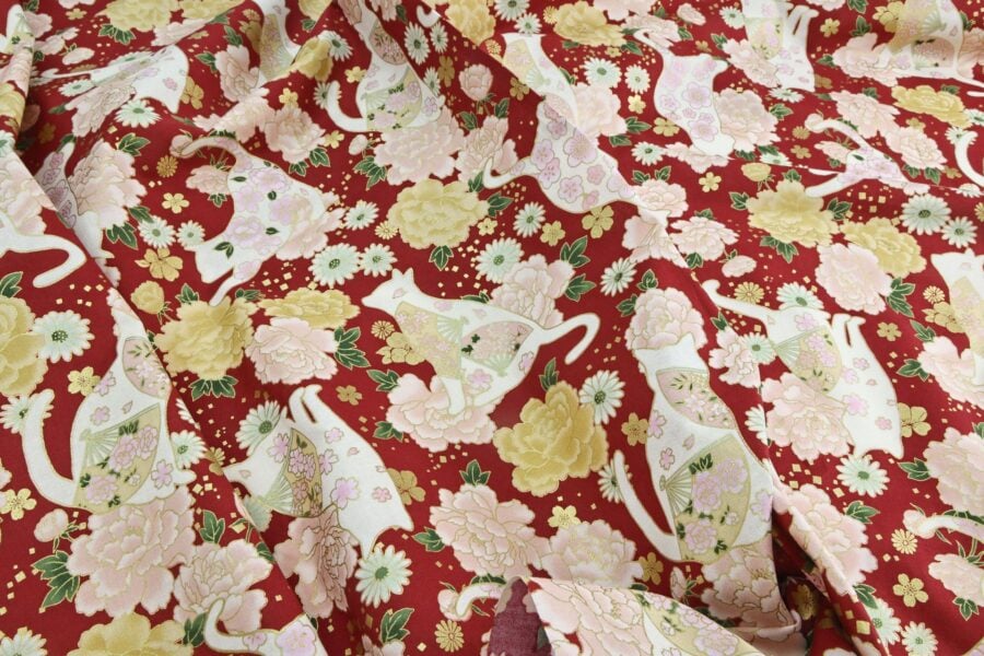 Japanese fabric cats peonies and fans red background