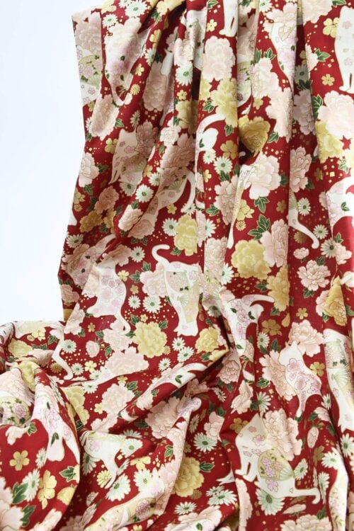 Japanese fabric cats peonies and fans red background