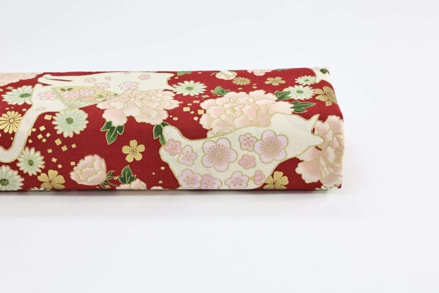 Japanese fabric cats peonies and fans red background
