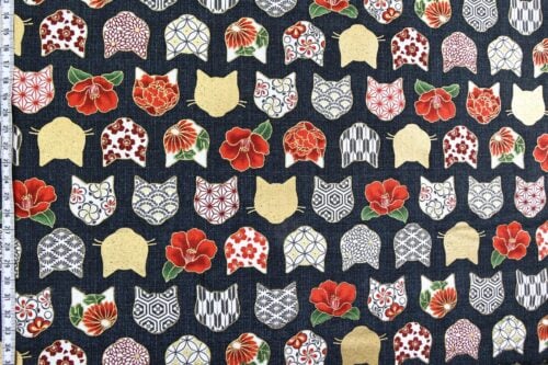 Japanese fabric with cat heads black background