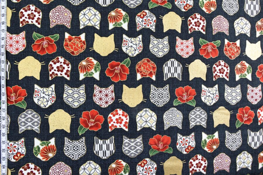 Japanese fabric with cat heads black background