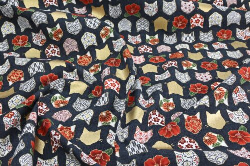 Japanese fabric with cat heads black background