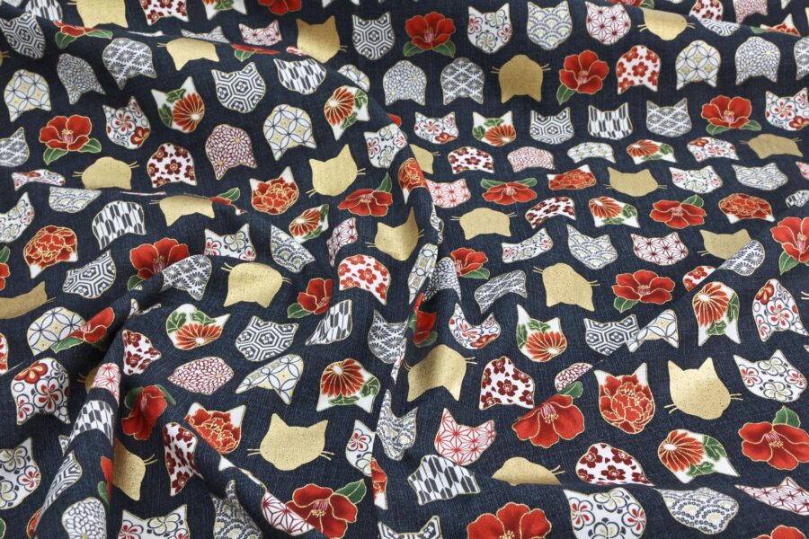 Japanese fabric with cat heads black background