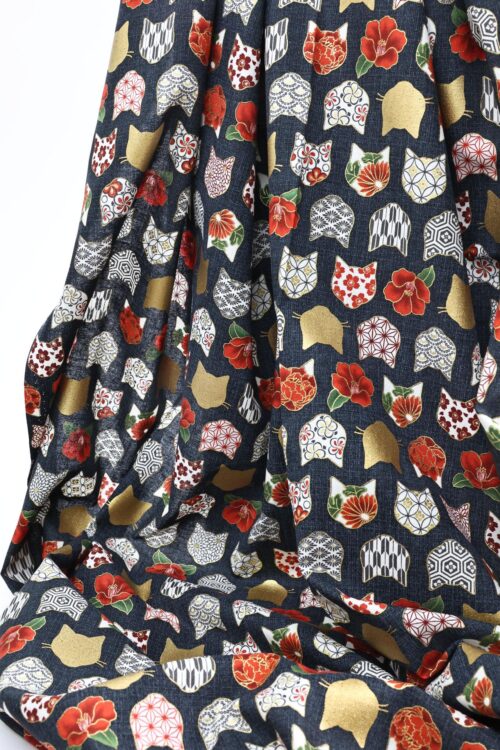 Japanese fabric with cat heads black background