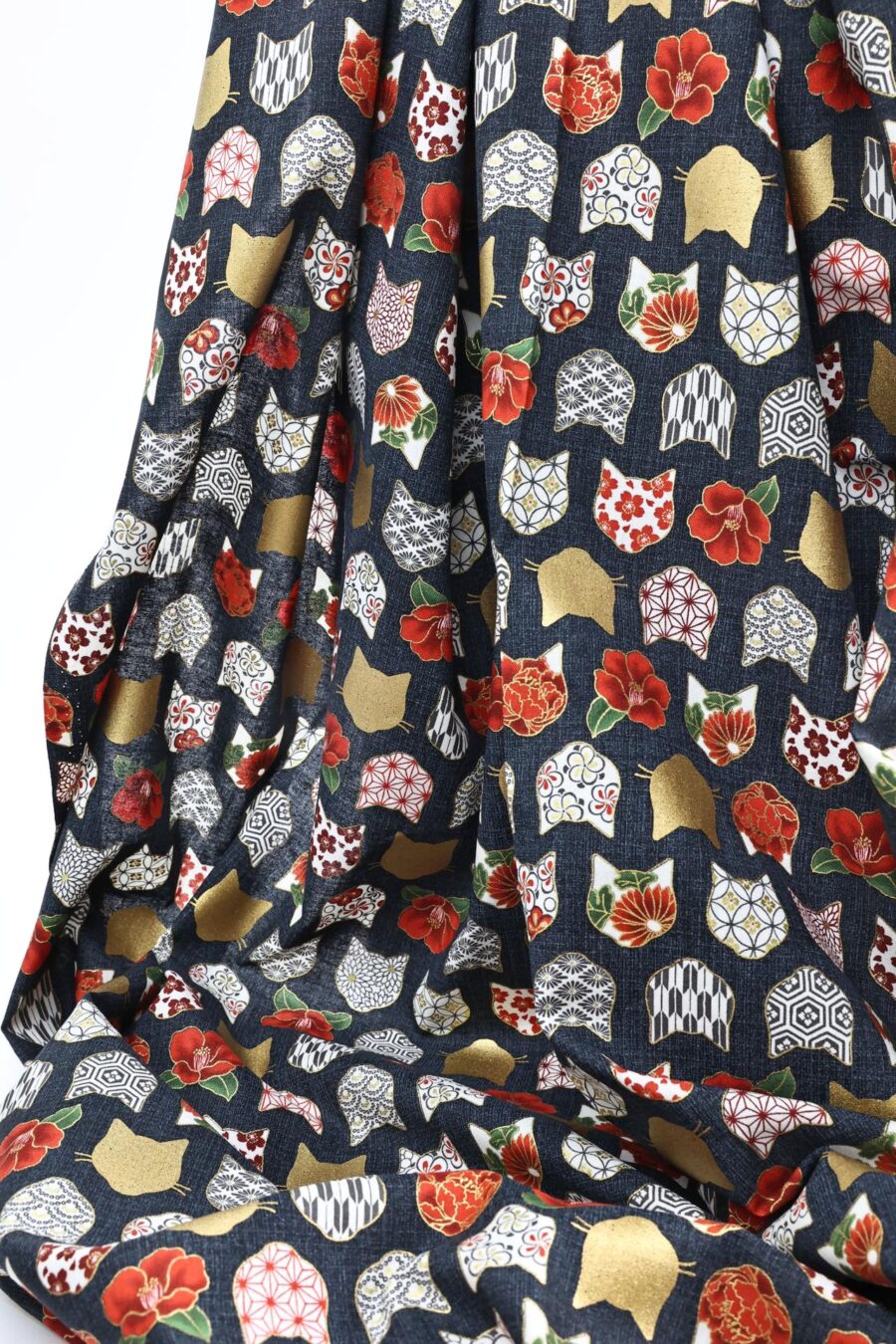 Japanese fabric with cat heads black background