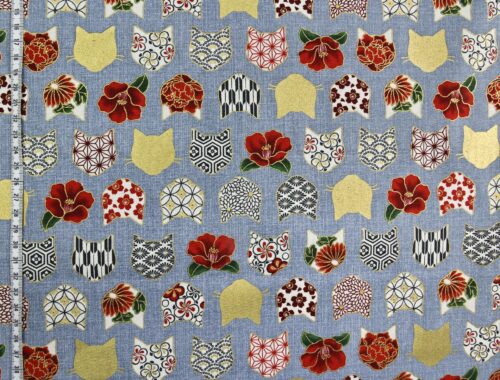 Japanese fabric with cat heads blue background