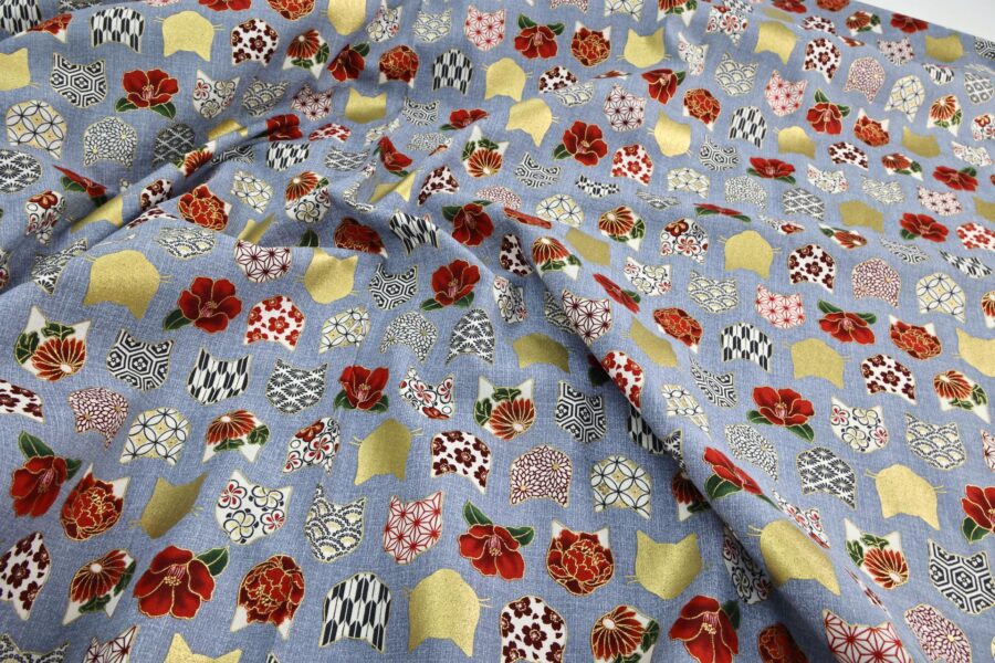 Japanese fabric with cat heads blue background