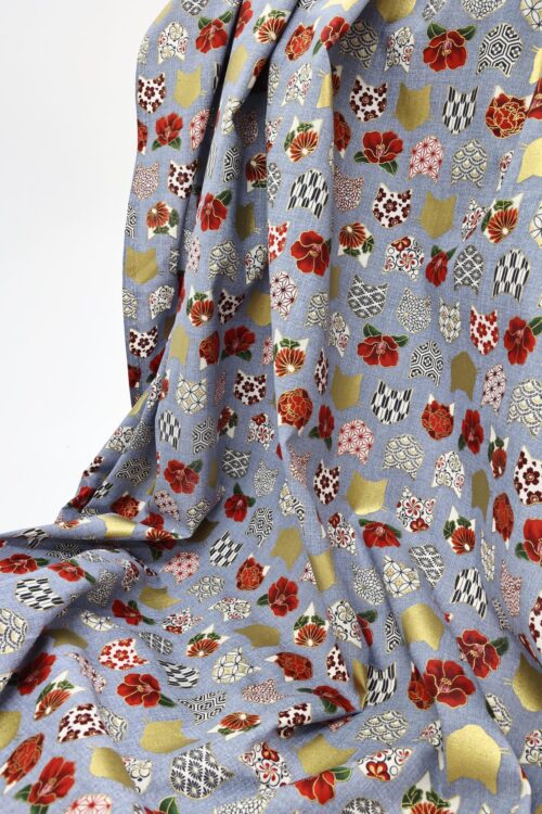 Japanese fabric with cat heads blue background