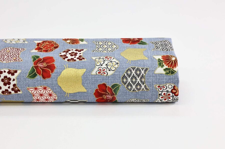 Japanese fabric with cat heads blue background