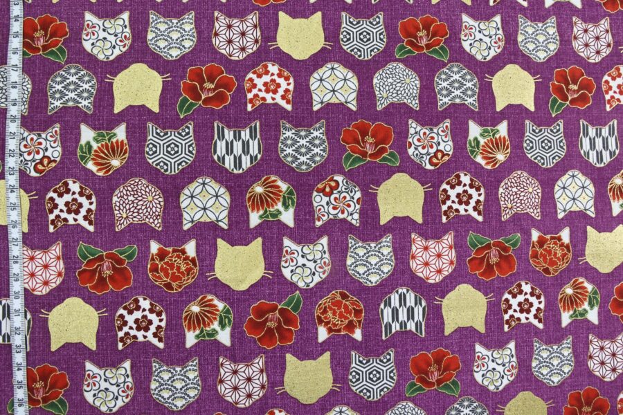 Japanese fabric with cat heads purple background