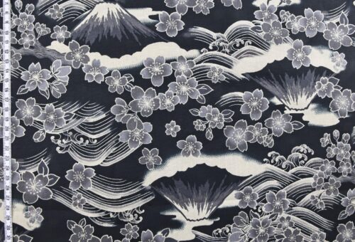 Sakura and mount Fuji fabric on light black background