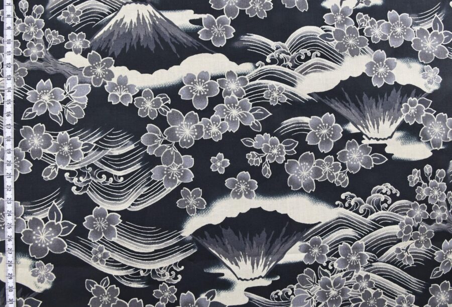 Sakura and mount Fuji fabric on light black background