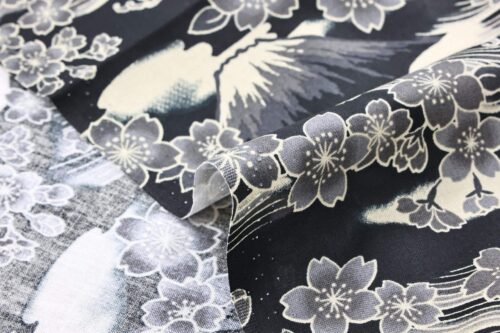 Sakura and mount Fuji fabric on light black background