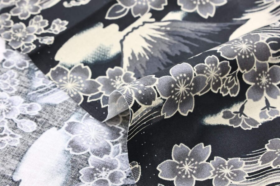 Sakura and mount Fuji fabric on light black background
