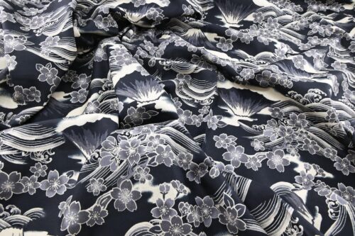 Sakura and mount Fuji fabric on light black background