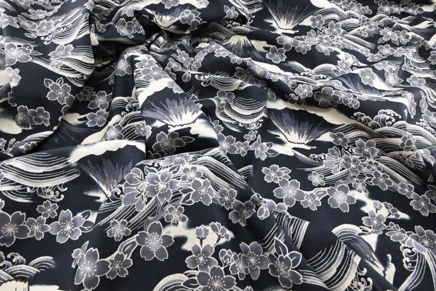 Sakura and mount Fuji fabric on light black background