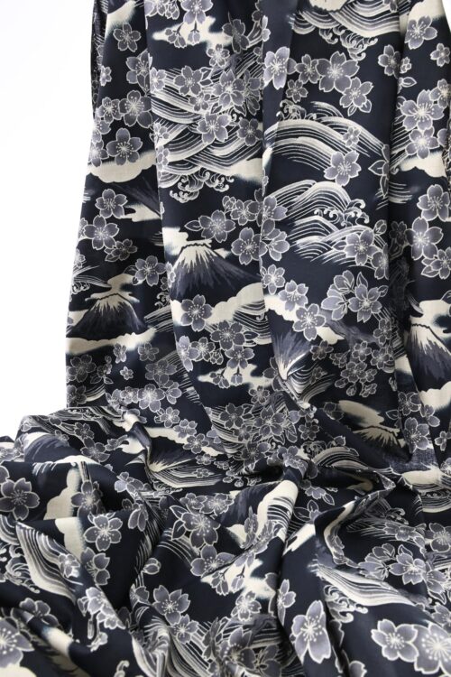 Sakura and mount Fuji fabric on light black background
