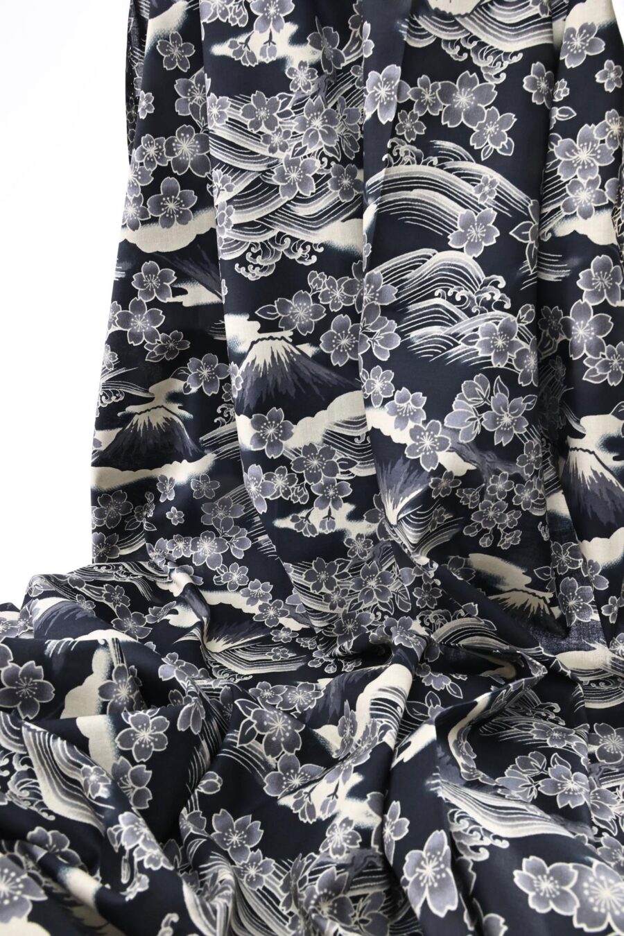 Sakura and mount Fuji fabric on light black background