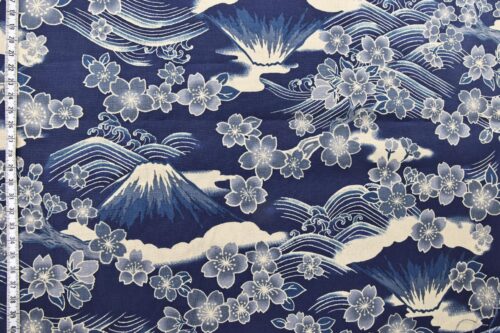 Sakura and mount Fuji fabric on light navy background