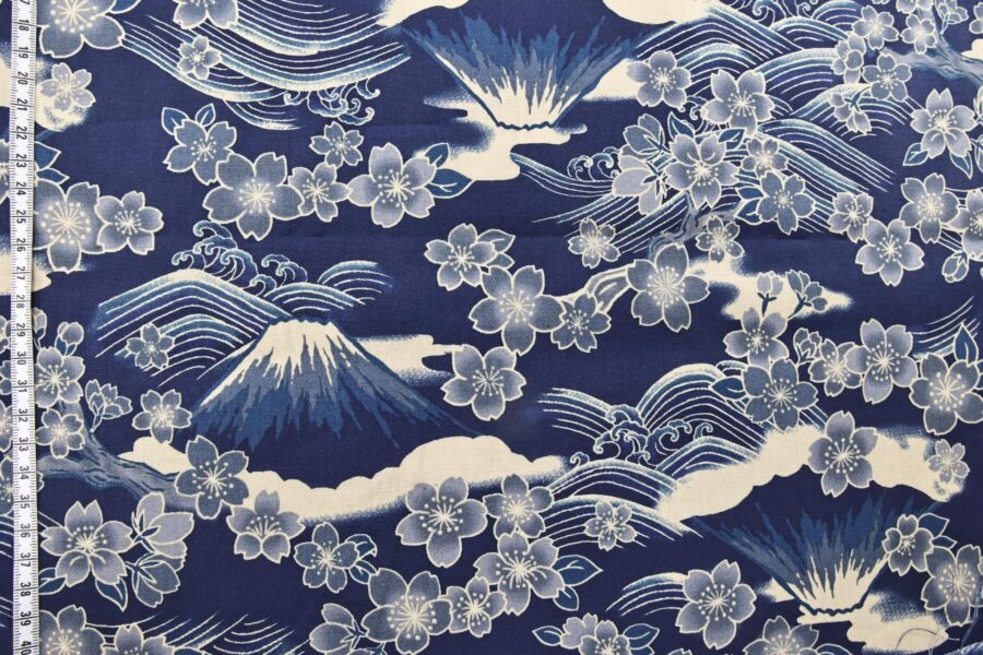 Sakura and mount Fuji fabric on light navy background