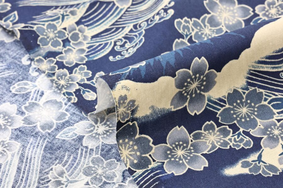Sakura and mount Fuji fabric on light navy background