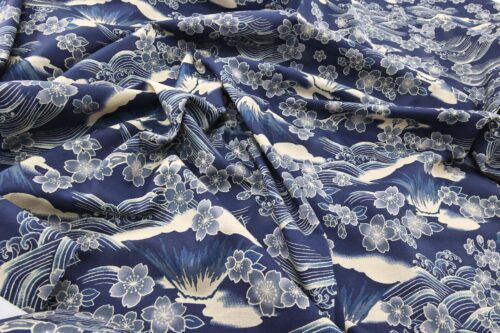 Sakura and mount Fuji fabric on light navy background