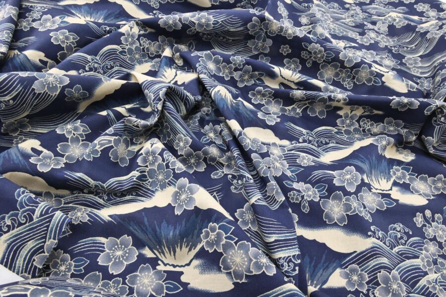 Sakura and mount Fuji fabric on light navy background