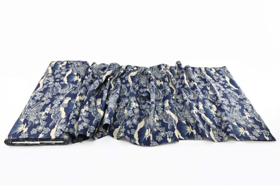 Sakura and mount Fuji fabric on light navy background