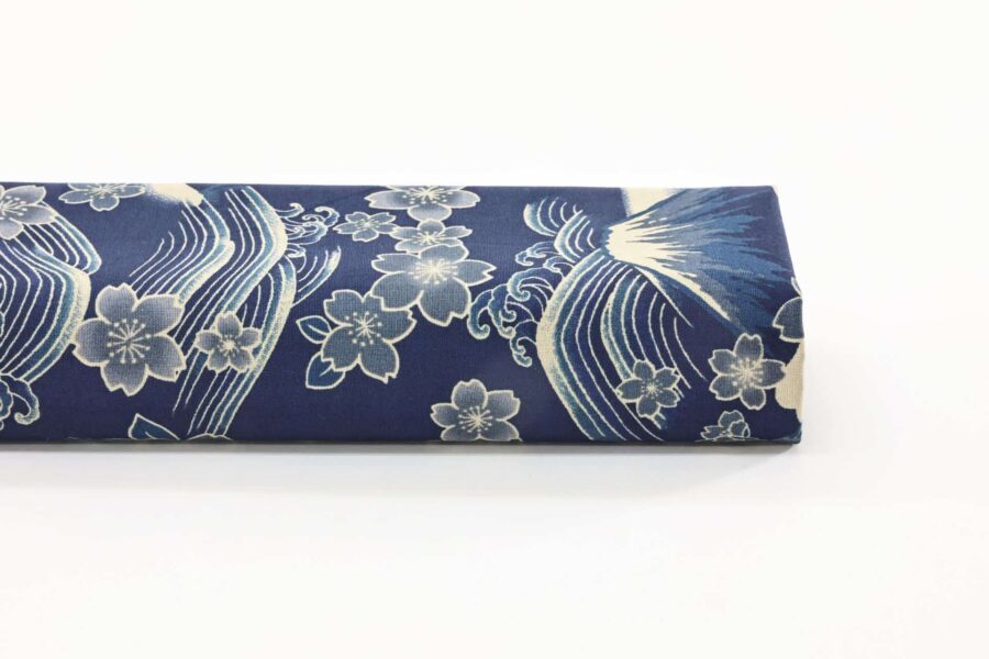 Sakura and mount Fuji fabric on light navy background