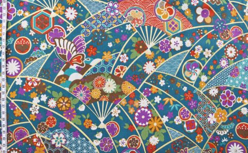 Japanese fabric butterfly Ougi and flowers on teal blue
