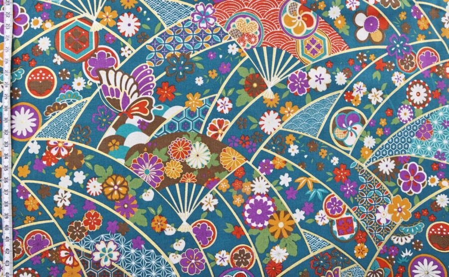 Japanese fabric butterfly Ougi and flowers on teal blue