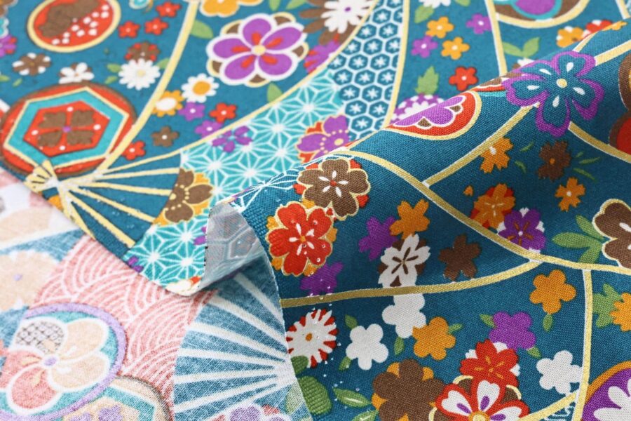 Japanese fabric butterfly Ougi and flowers on teal blue