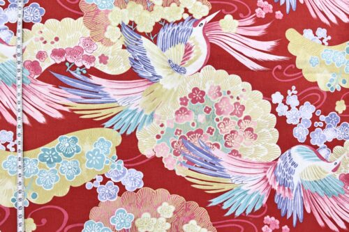 Japanese fabric colorful bird red background