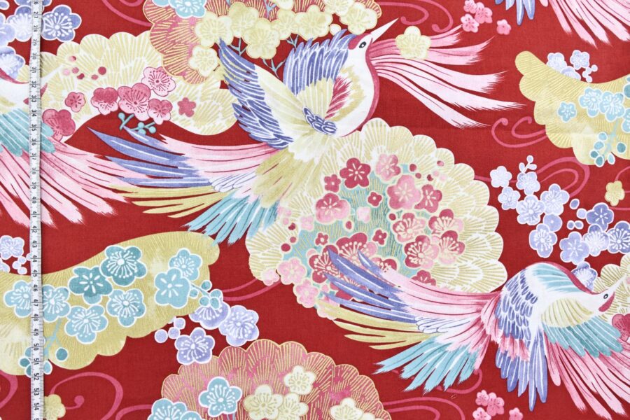 Japanese fabric colorful bird red background