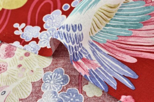 Japanese fabric colorful bird red background