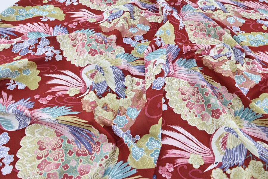 Japanese fabric colorful bird red background