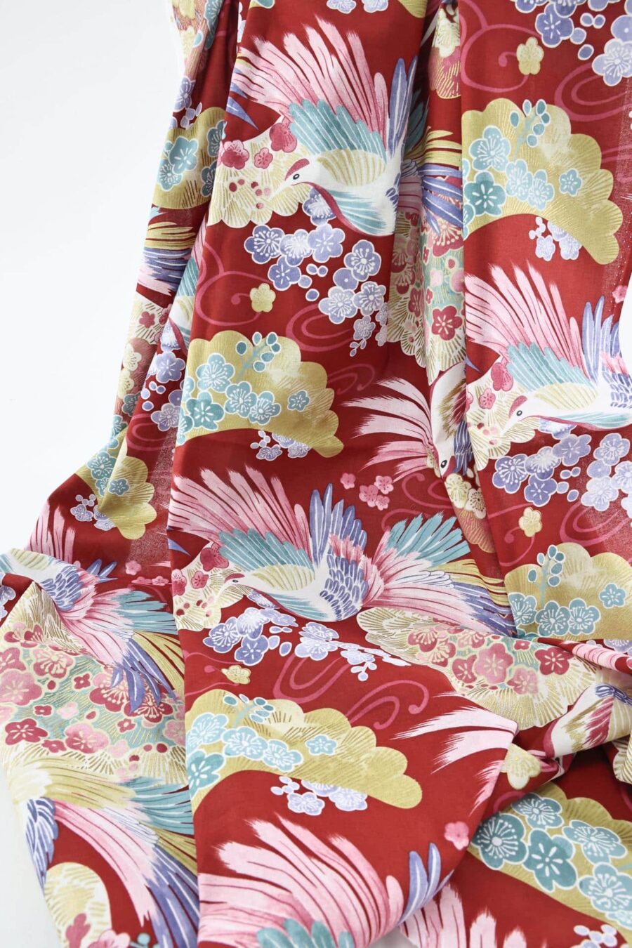 Japanese fabric colorful bird red background