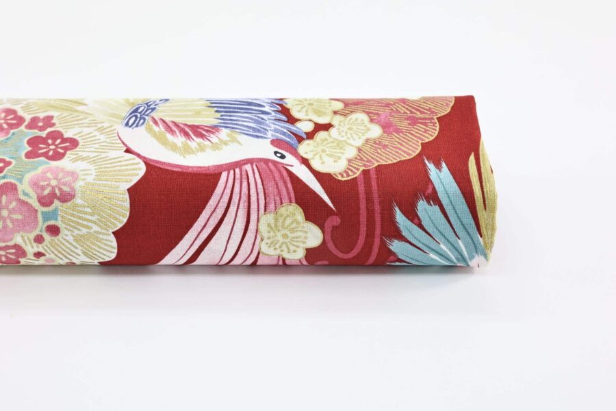Japanese fabric colorful bird red background