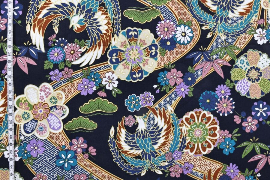 Japanese fabric golden phoenix and flower on navy blue