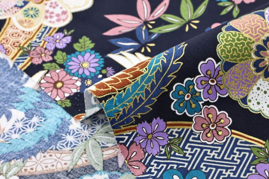Japanese fabric golden phoenix and flower on navy blue