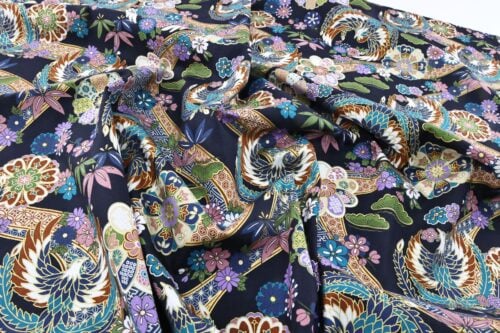 Japanese fabric golden phoenix and flower on navy blue
