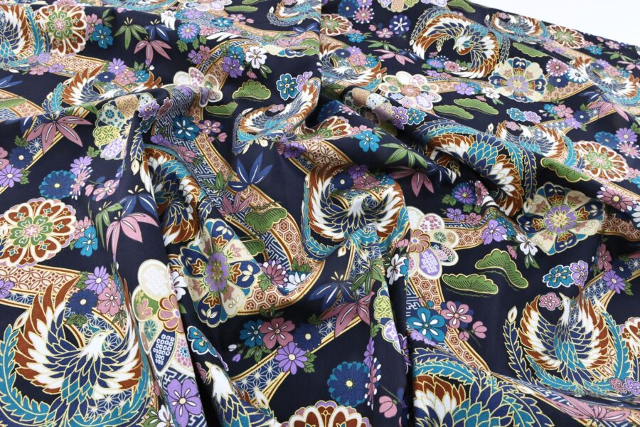 Japanese fabric golden phoenix and flower on navy blue