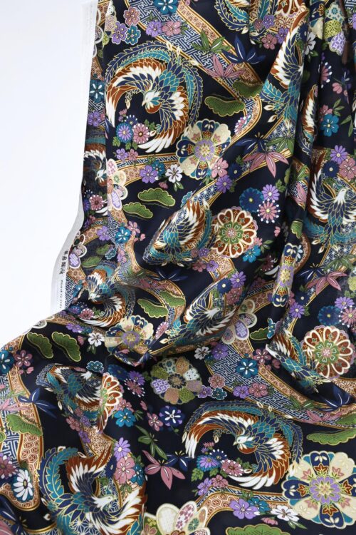 Japanese fabric golden phoenix and flower on navy blue