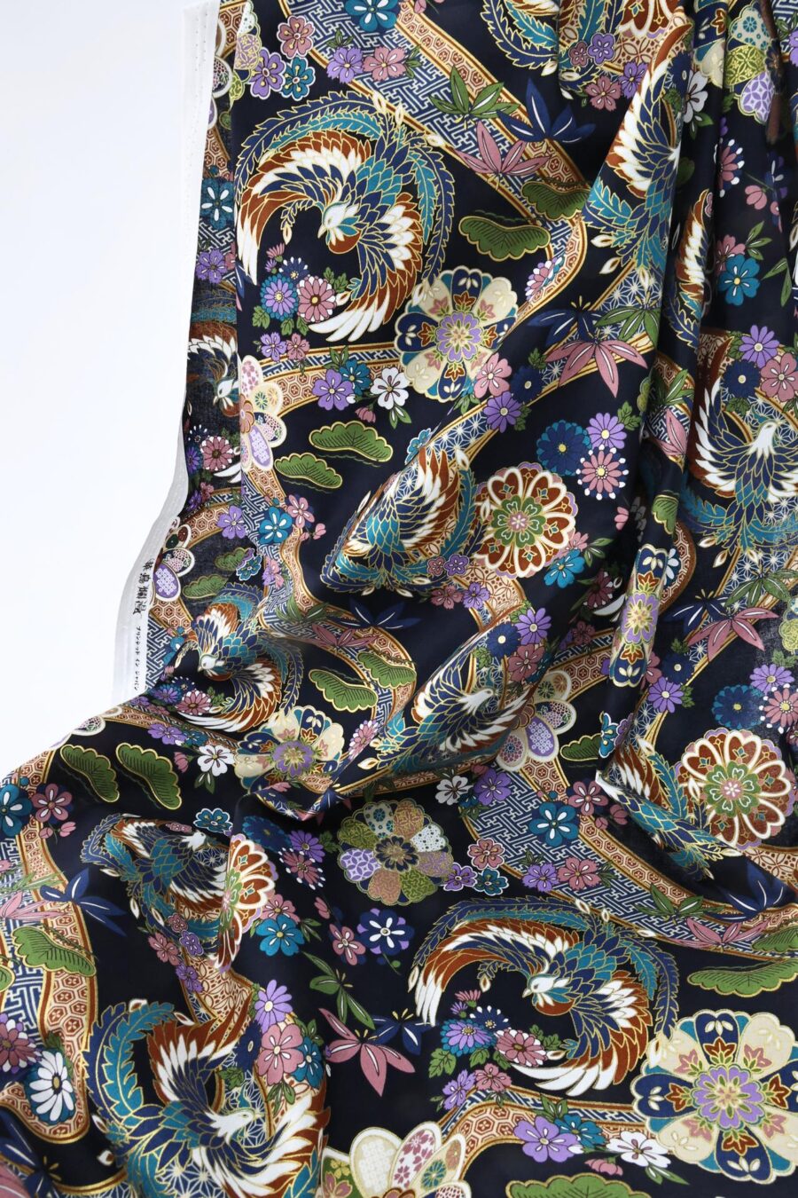 Japanese fabric golden phoenix and flower on navy blue