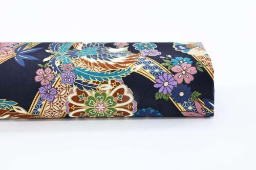 Japanese fabric golden phoenix and flower on navy blue